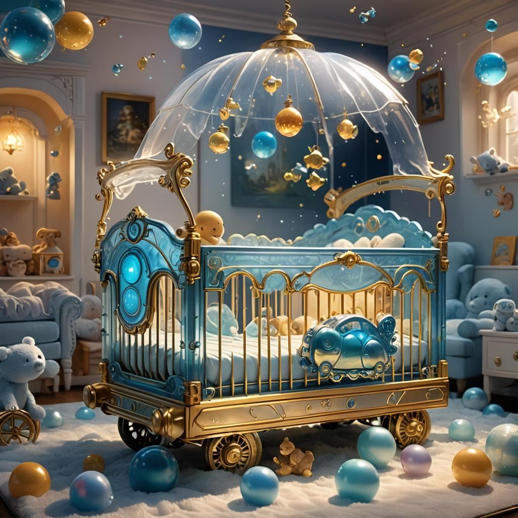 Fantasy Toy Train Floating Above Crib in Matte Painting