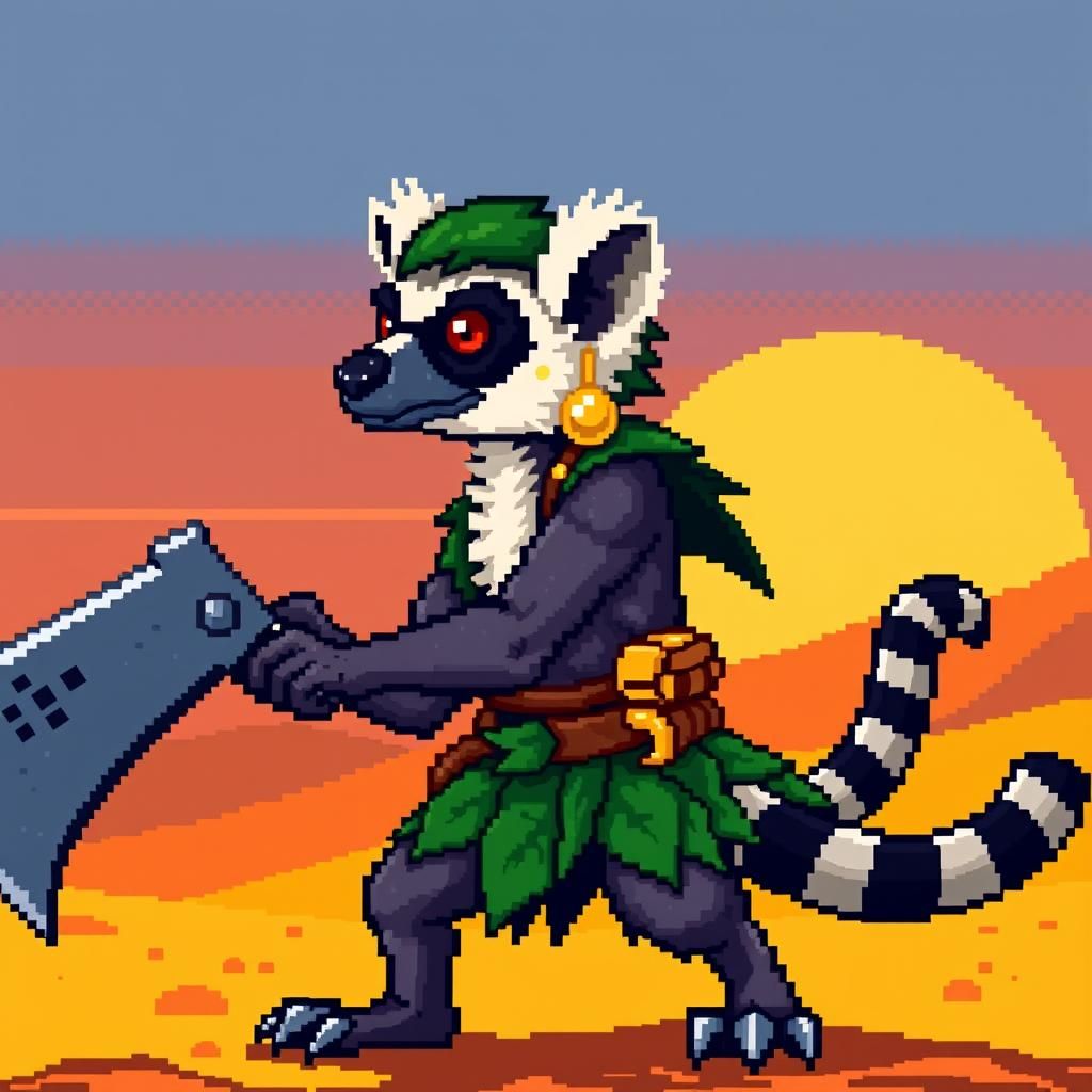 Pixelated Lemur Warrior in 8-Bit Style