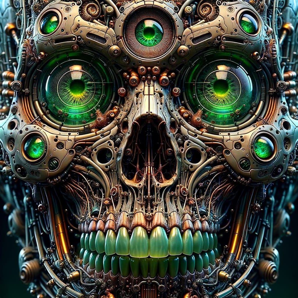 Surreal Biomechanical Skull in Cyberpunk Aesthetic