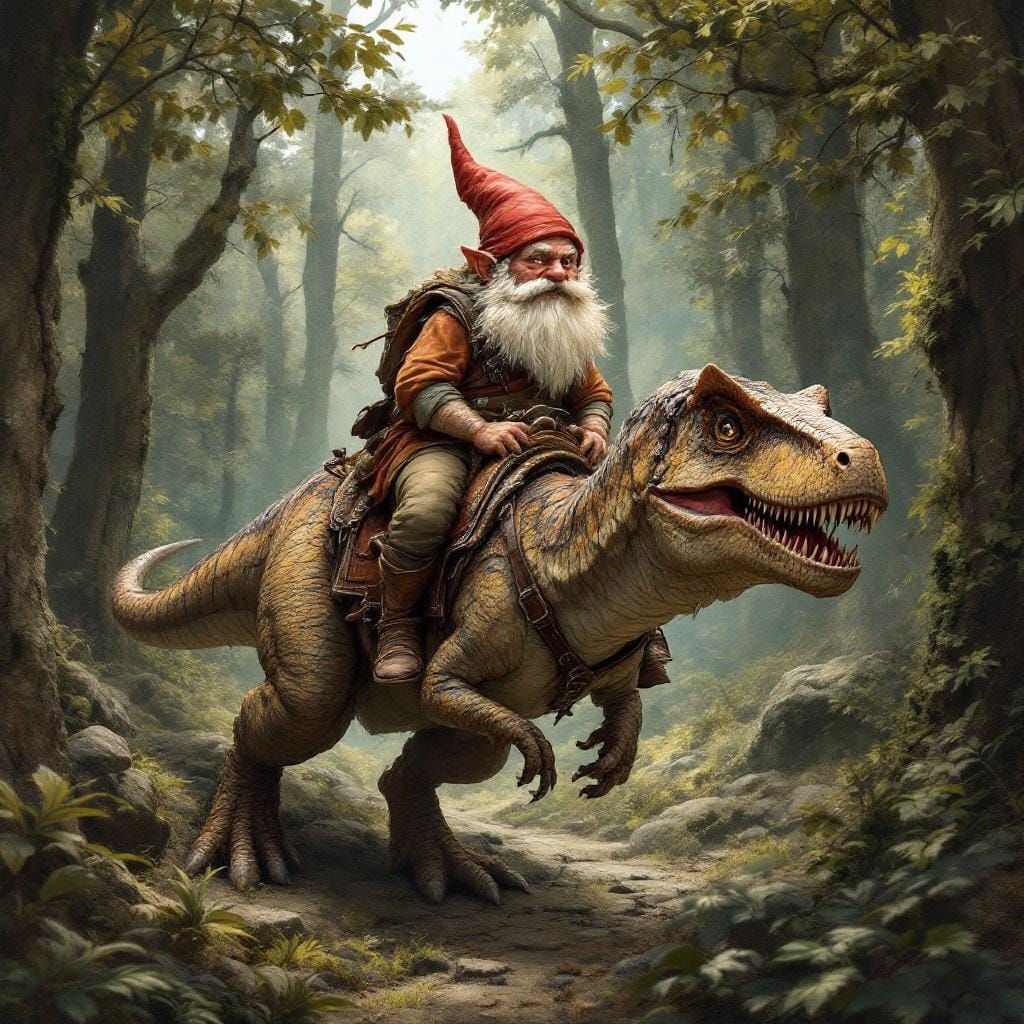 Gnome riding a Velociraptor