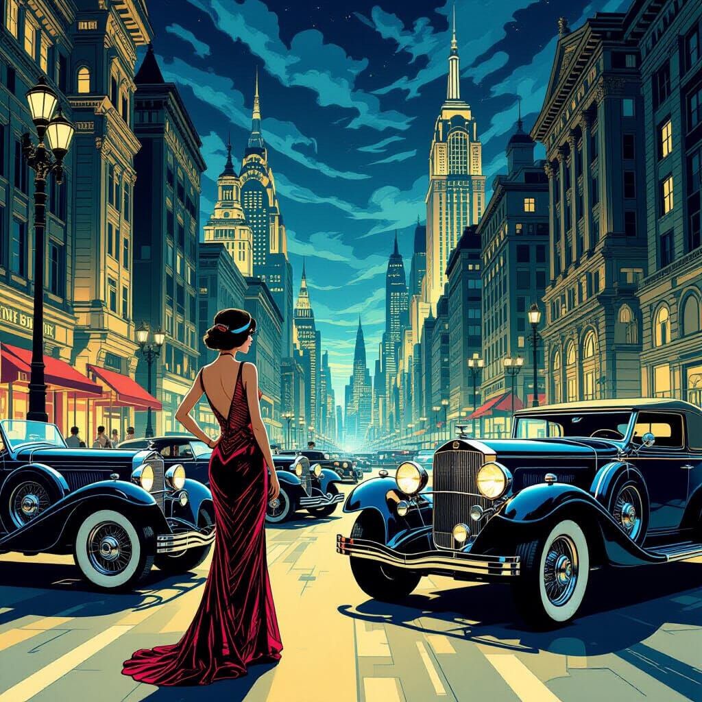 Vibrant Roaring Twenties Scene in Comic Book Style