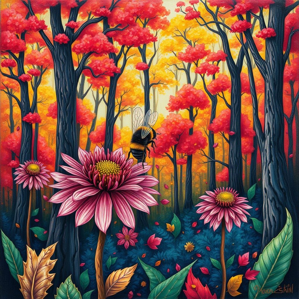 Vibrant Whimsical Forest Scene with Gouache Swirls