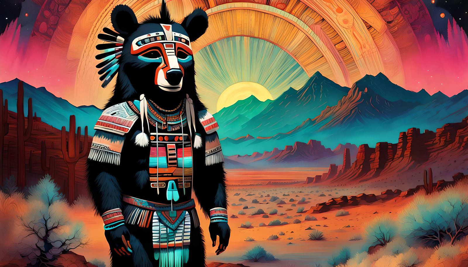 Neon Navajo Bear Kachina: Desert Masterpiece