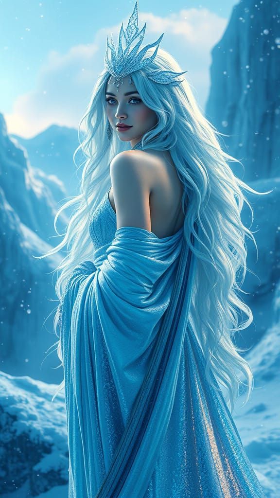 Mystical Ice Goddess in Ethereal Landscape