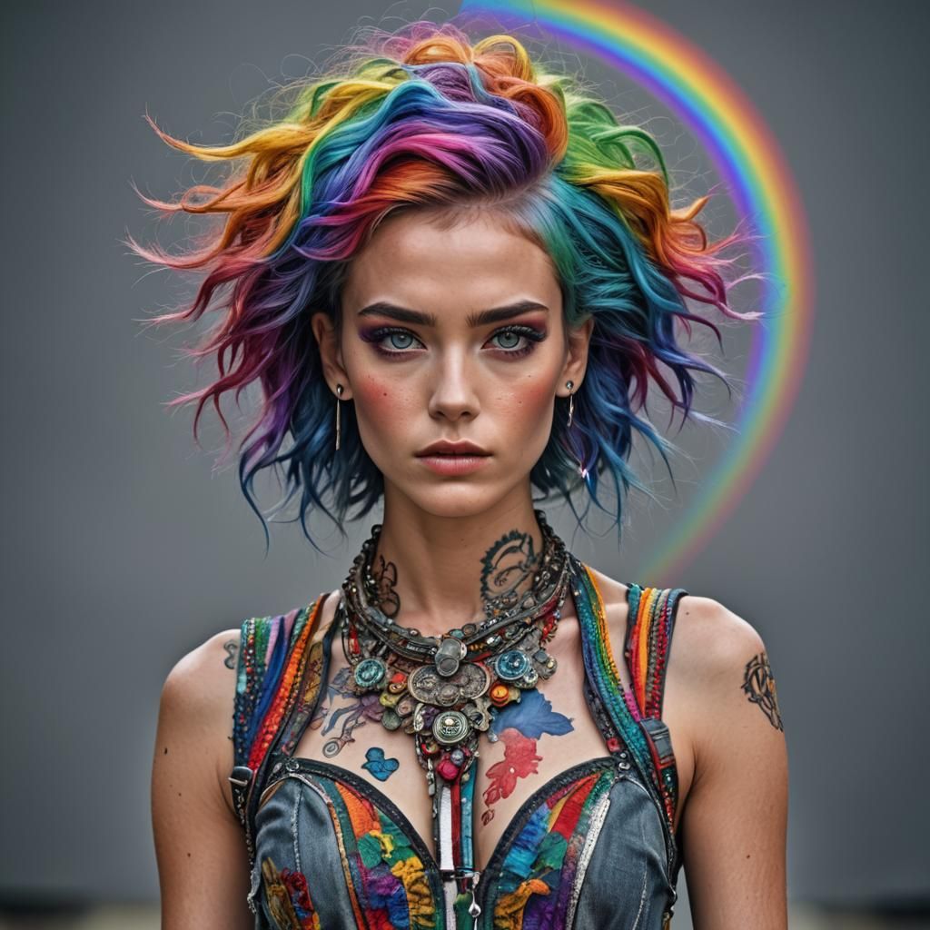 Rainbow Haired Model on Runway, Hyperrealistic Photo