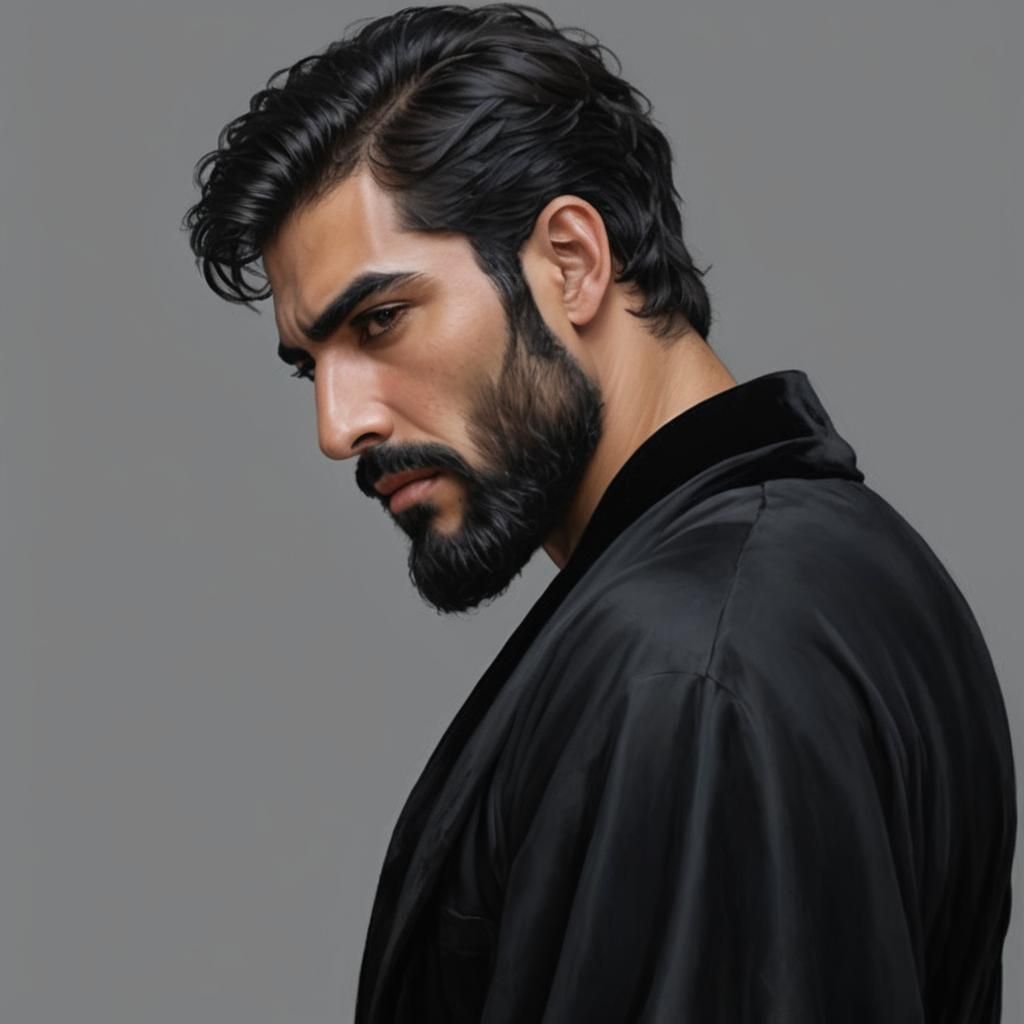 Handsome Hirsute Man in Black Velvet Bathrobe