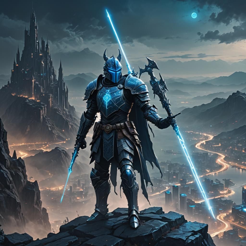 Tech Noir Knight Overlooks Cyberpunk Cityscape
