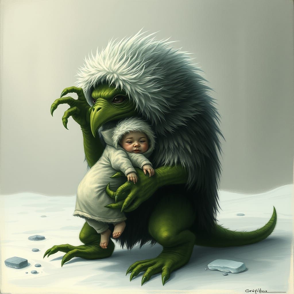 Sinister Qallupilluit with Crying Child in Dark Fantasy Styl...