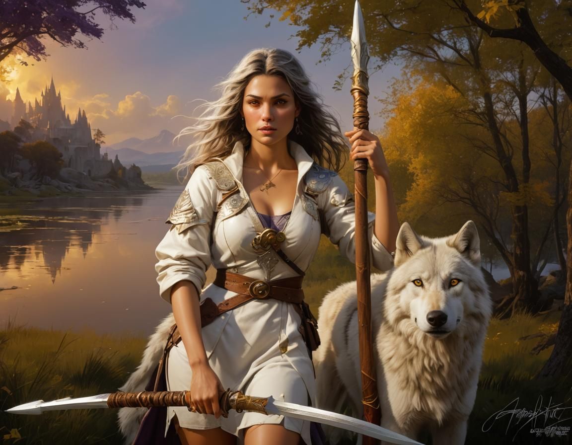 Brunette Girl-Warrior with White Wolf in Dark Fantasy Style