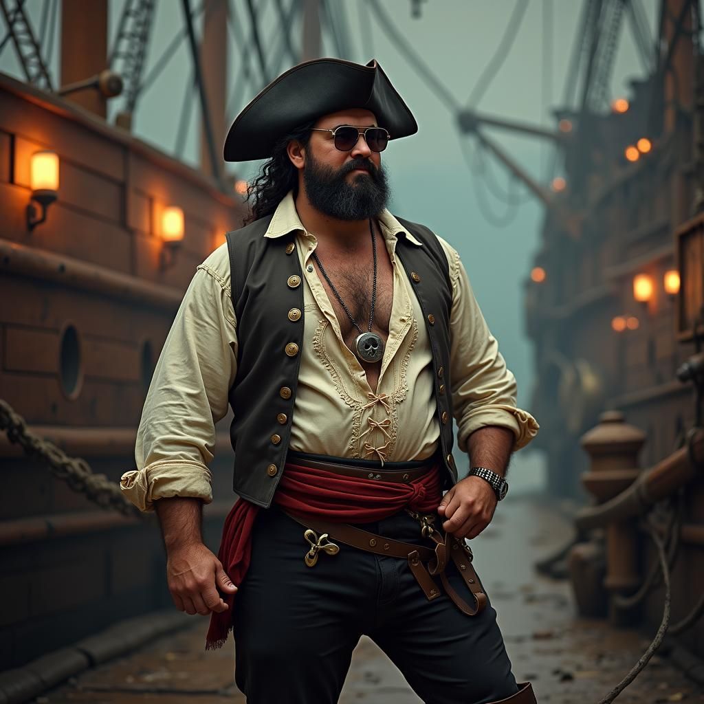 Pirate Caricature on a Weathered Ship