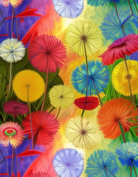 Rainbow Dandelions in William Morris Style