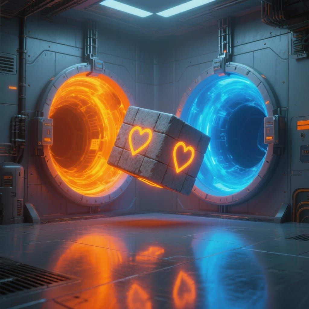 Companion Cube Transiting Sci-Fi Portals