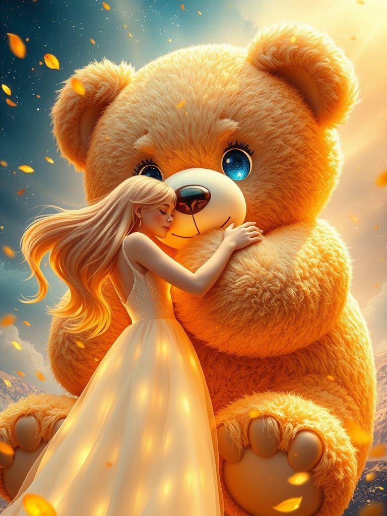 Ethereal Woman and Giant Bear in Cosmic Landscape