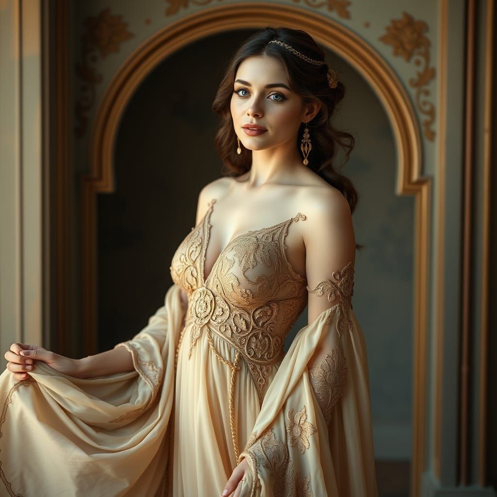 Elegant Woman in Flowing Attire, Art Nouveau Style