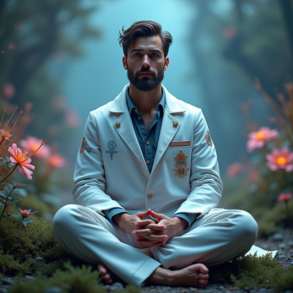 Meditative Man in Mystical Lab Coat: Matte Painting