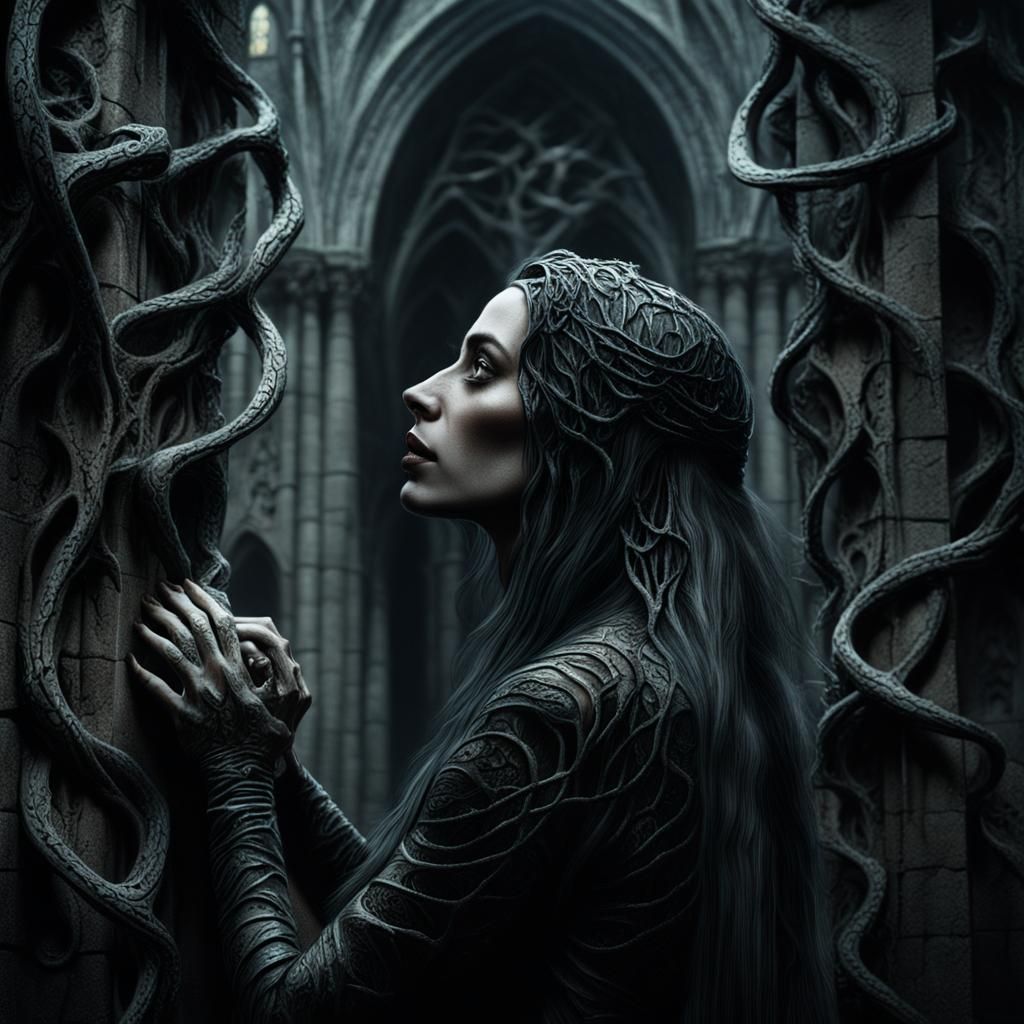 Woman Ensnared by Vines in Gothic Cathedral