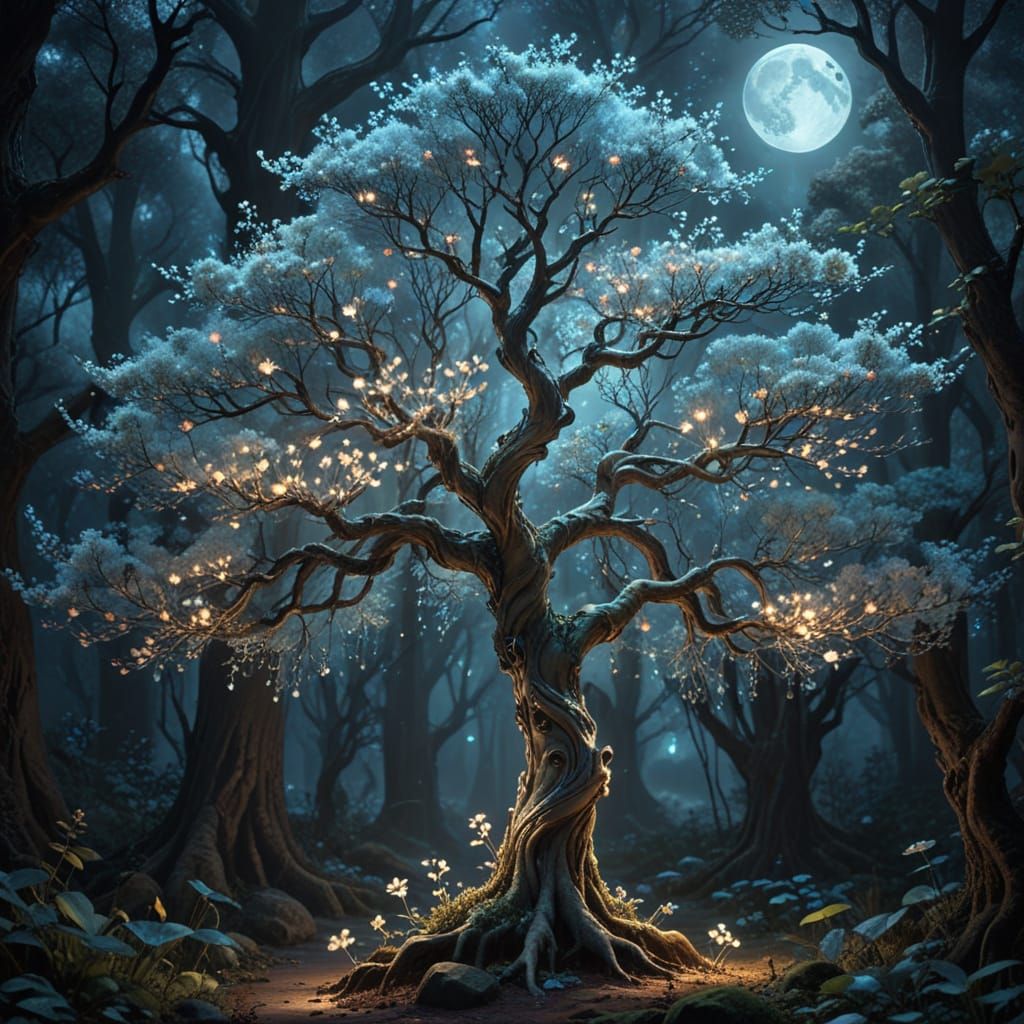 Ethereal Moonlit Tree in a Dreamlike Grove