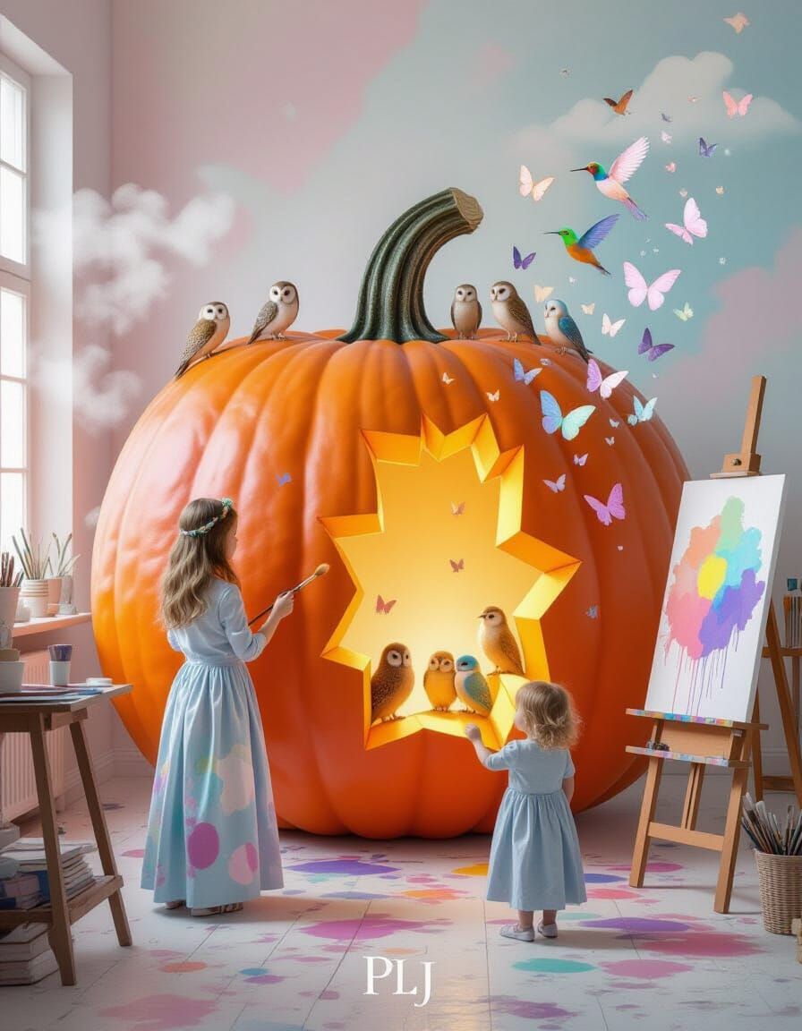 Girl Conducts Magical Creatures from Giant Pumpkin in Pastel...