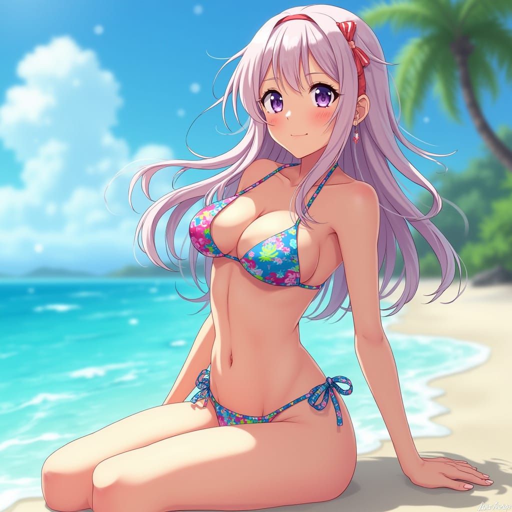 Beautiful Anime Girl in Bikini, Vibrant Animation Style