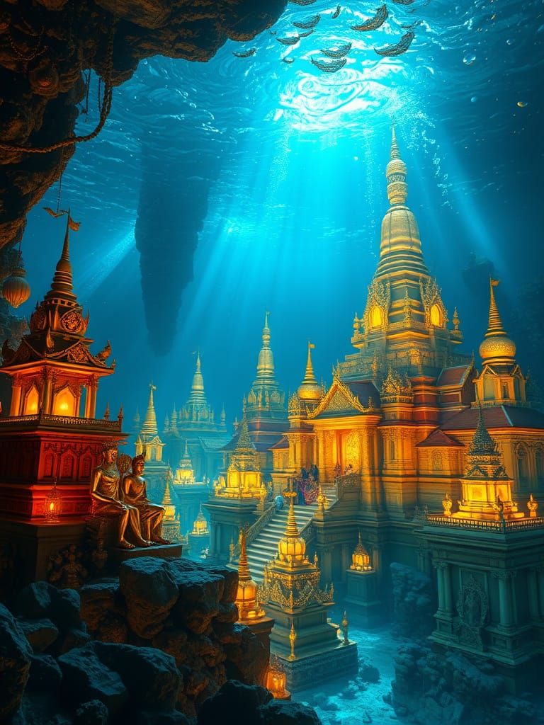 Underwater Thai Temple City in Ethereal Blue Light