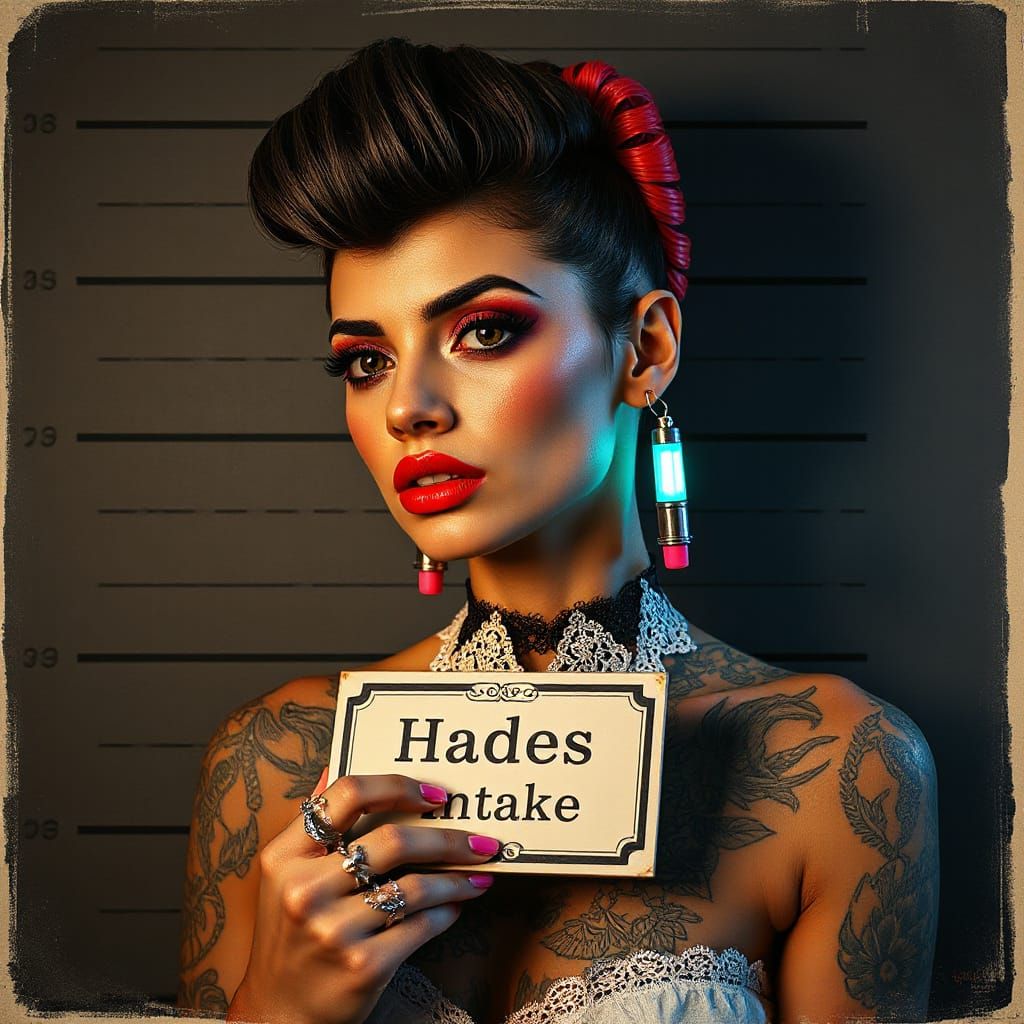 Cyberpunk Woman with Tattooed Pompadour and Hades Sign