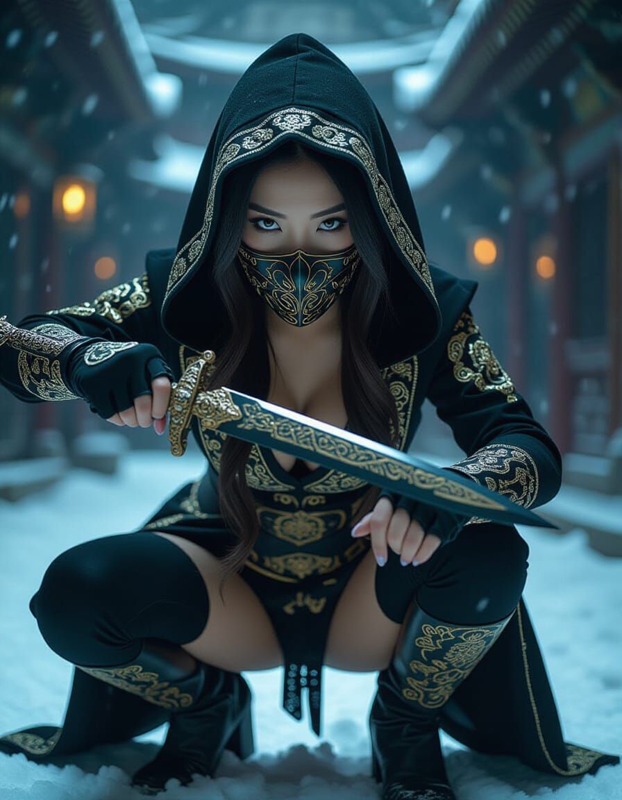 Mysterious Warrior Woman in Action Pose with Dagger