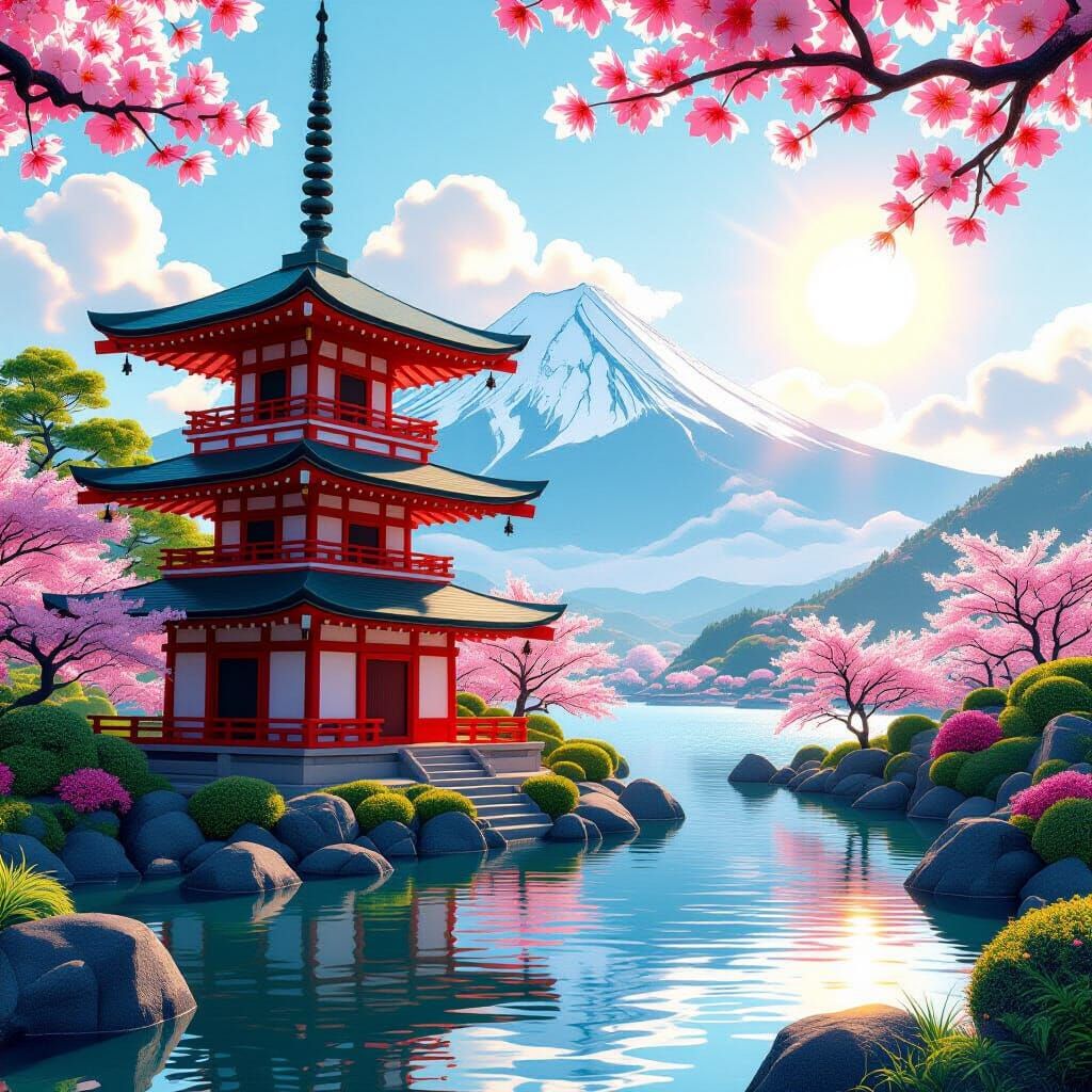 Pagoda with Fuji Mountain in Anime Style