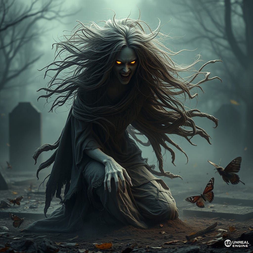 Mad Witch Revenant in a Desolate Graveyard