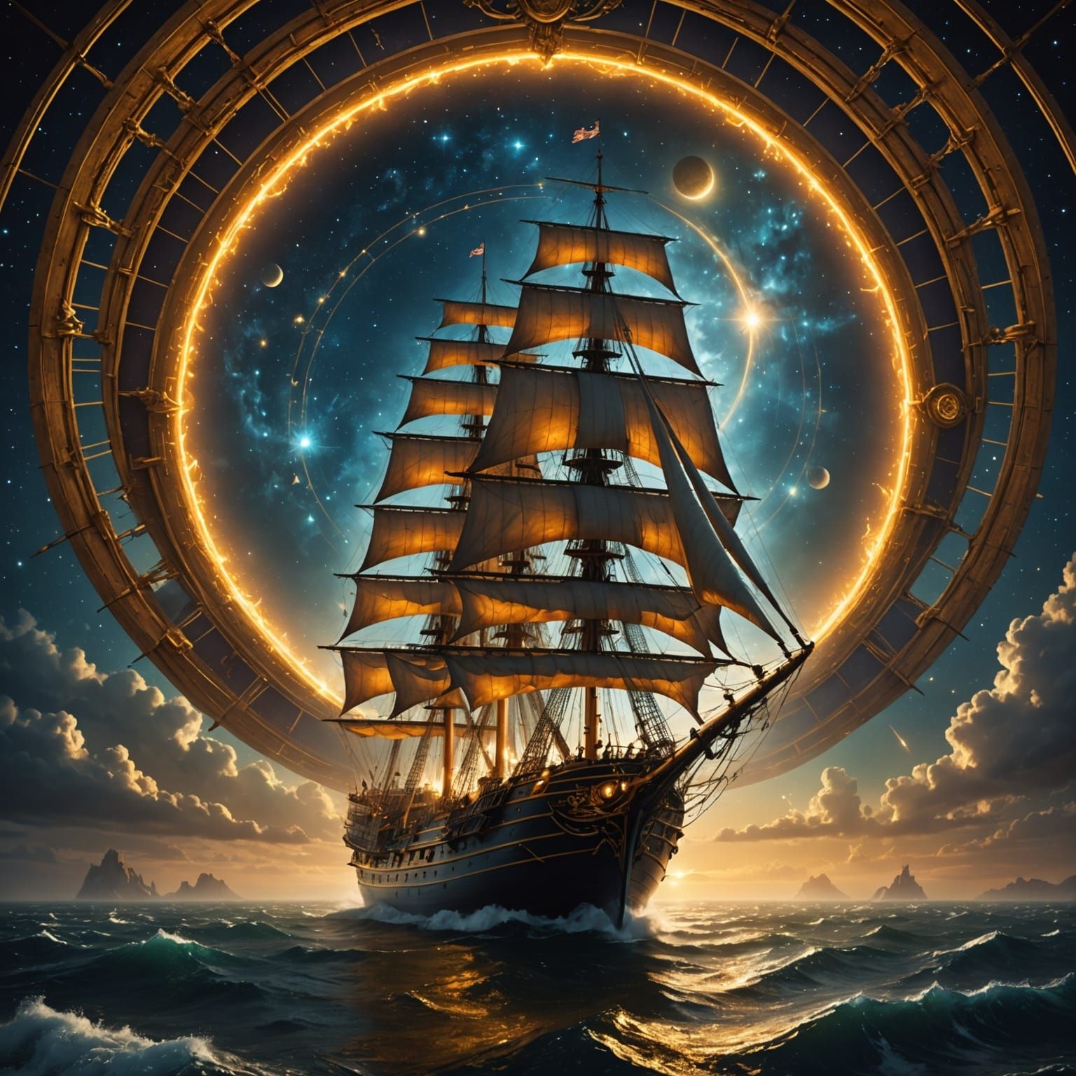 Golden Ship Sails Through Time Portal: Digital Painting