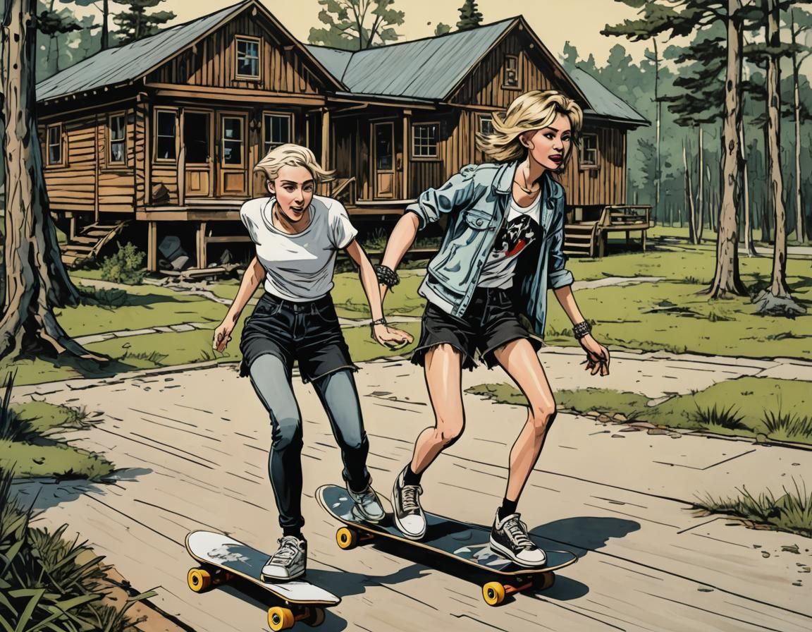 miley cyrus and taylor swift skating in front of a wooden ca...