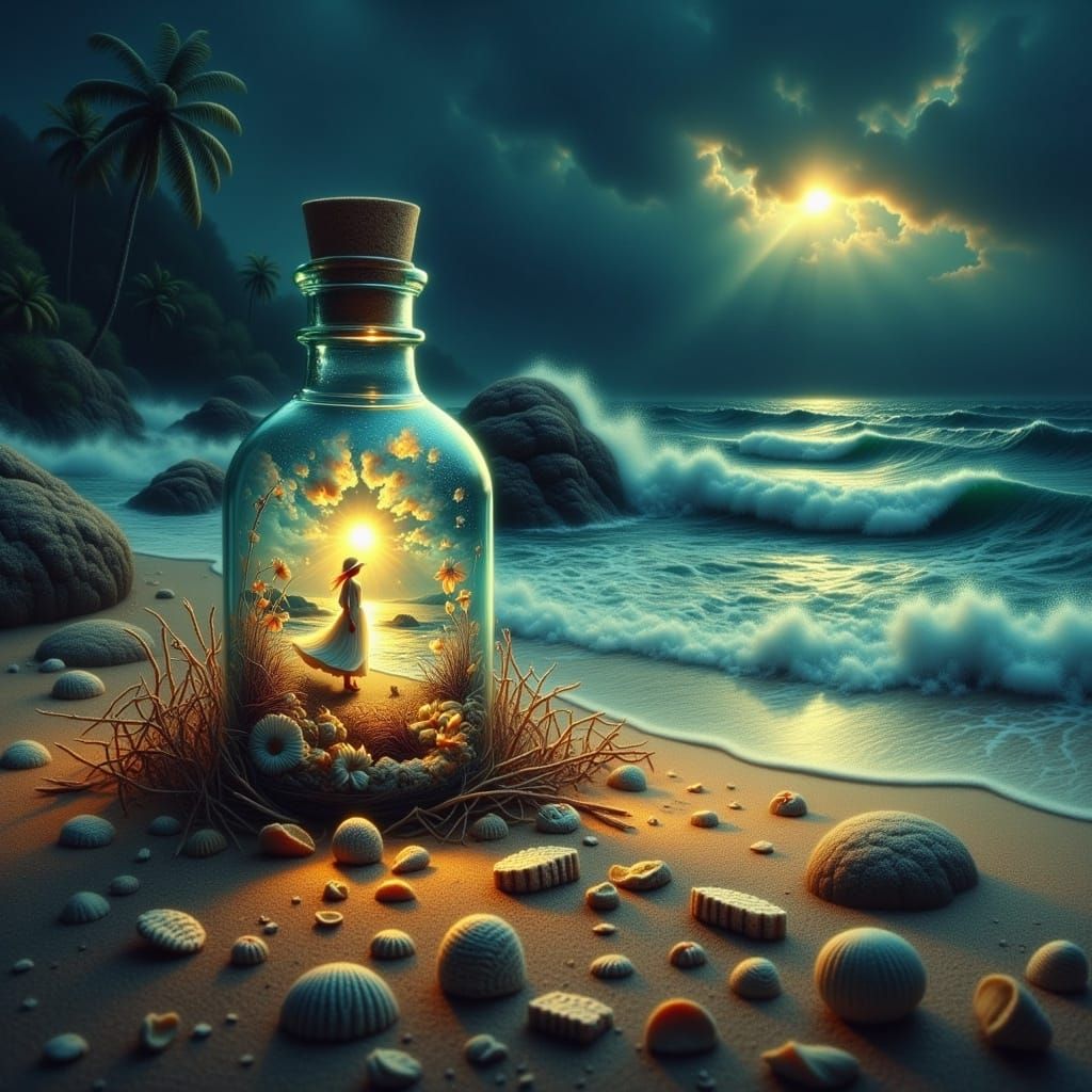 Golden Glass Bottle on Stormy Beach with Miniature Panorama