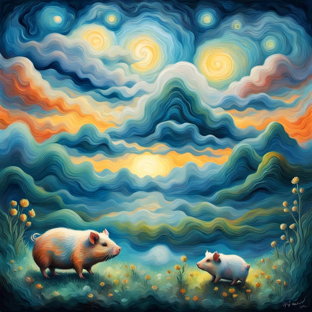 Bioluminescent Guinea Pig in Impressionistic Sky
