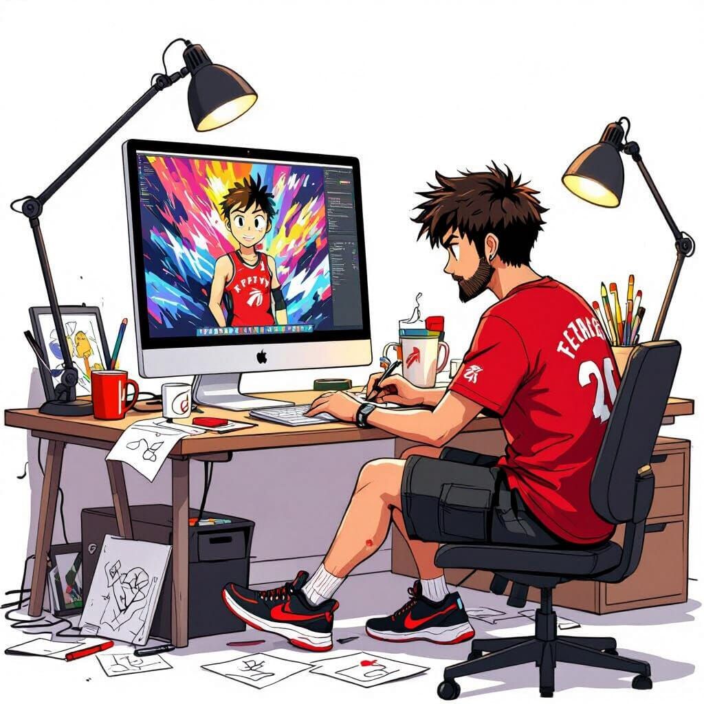 Anime Style Caricature of Graphic Artist at Work