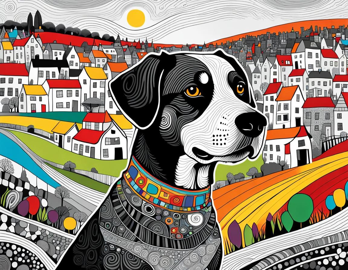 Surreal Dog Doodle with Colorful Town Background