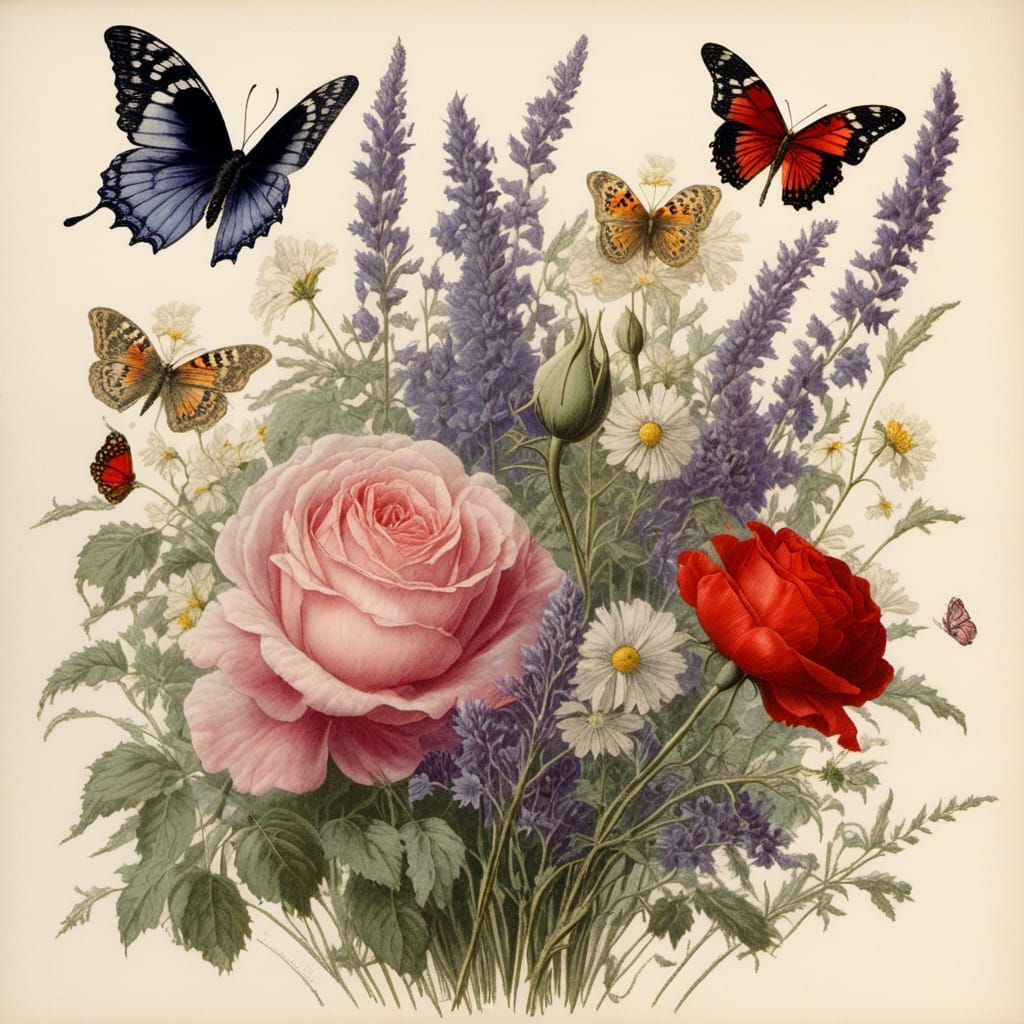 Silhouette Bouquet with Rose, Poppy, and Butterfly