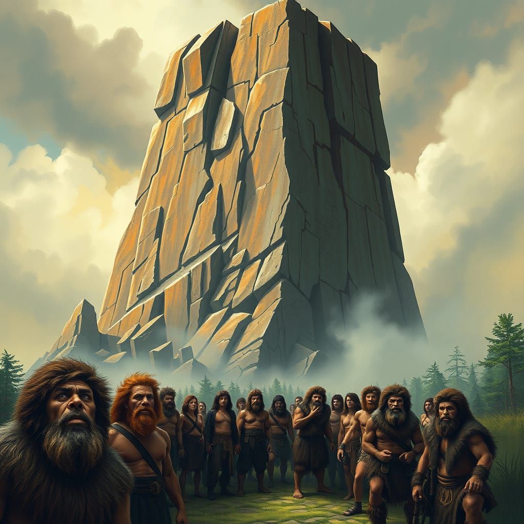 Ancient Monolith in Lush Landscape, Prehistoric Men in Awe