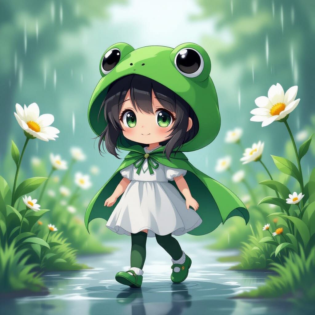 A chibi girl strolls in the rain, wearing a green frog-shape...