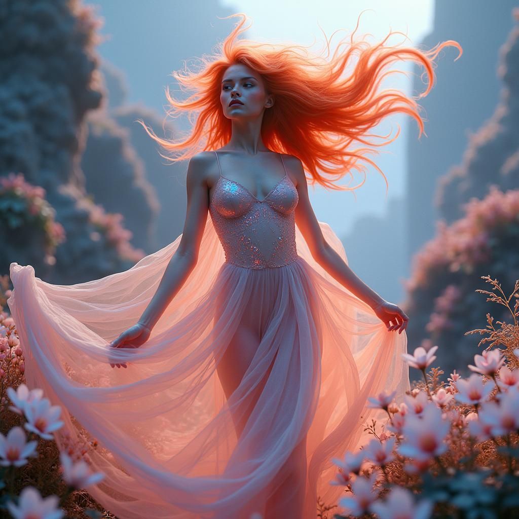 Ethereal Redhead in Dreamlike Botanical Landscape