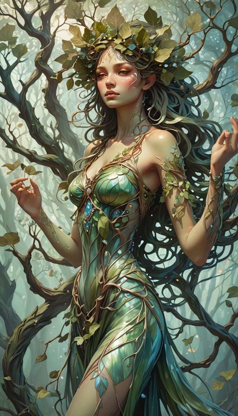Mystical Dryad with Iridescent Skin, Digital Matte Painting