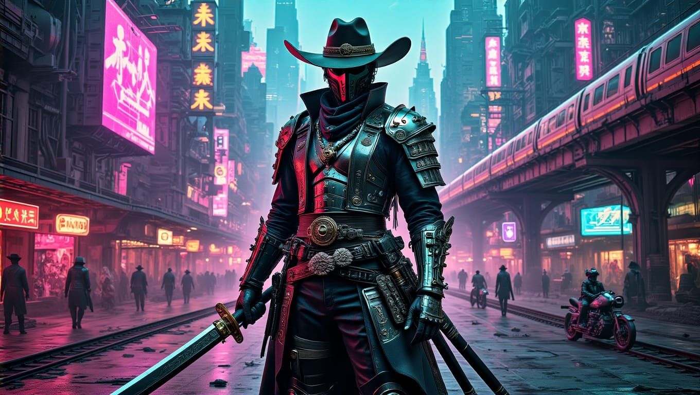 Cyberpunk Samurai Cowboy in Vibrant, Neon-Lit Cityscape