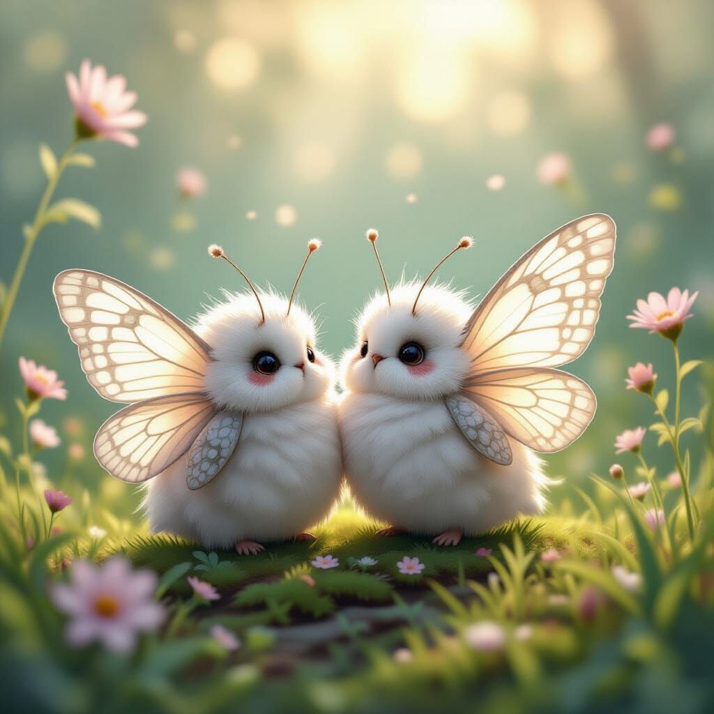 Fluffy Moths with Lacy Wings in Ethereal Landscape