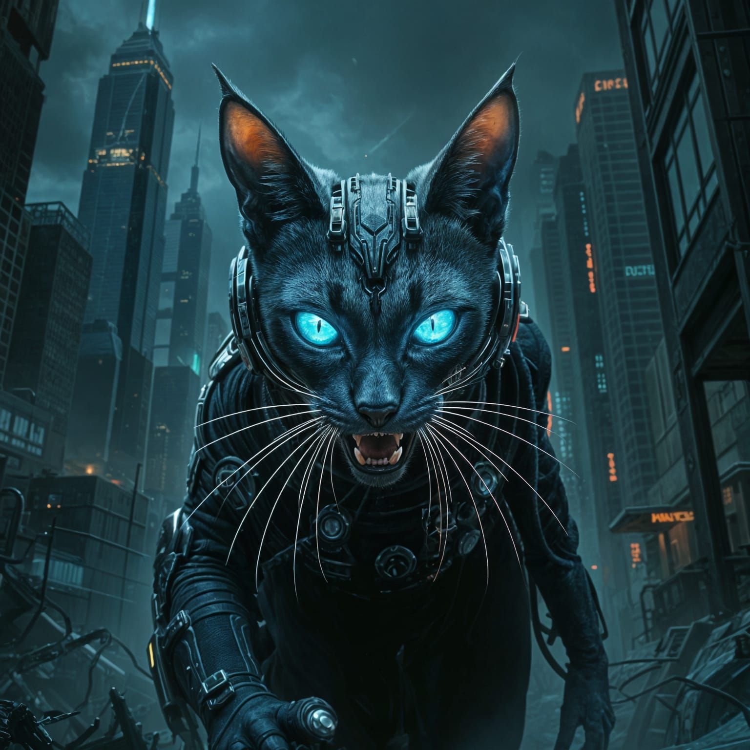 Cybernetic Feline Enforcer in Dark Fantasy Realm