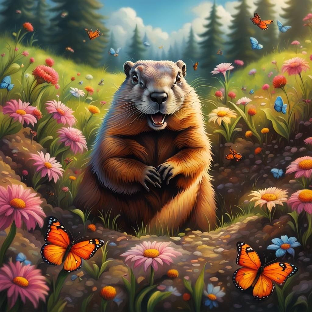 Groundhog Day Graffiti Art in Hyperrealistic Meadow