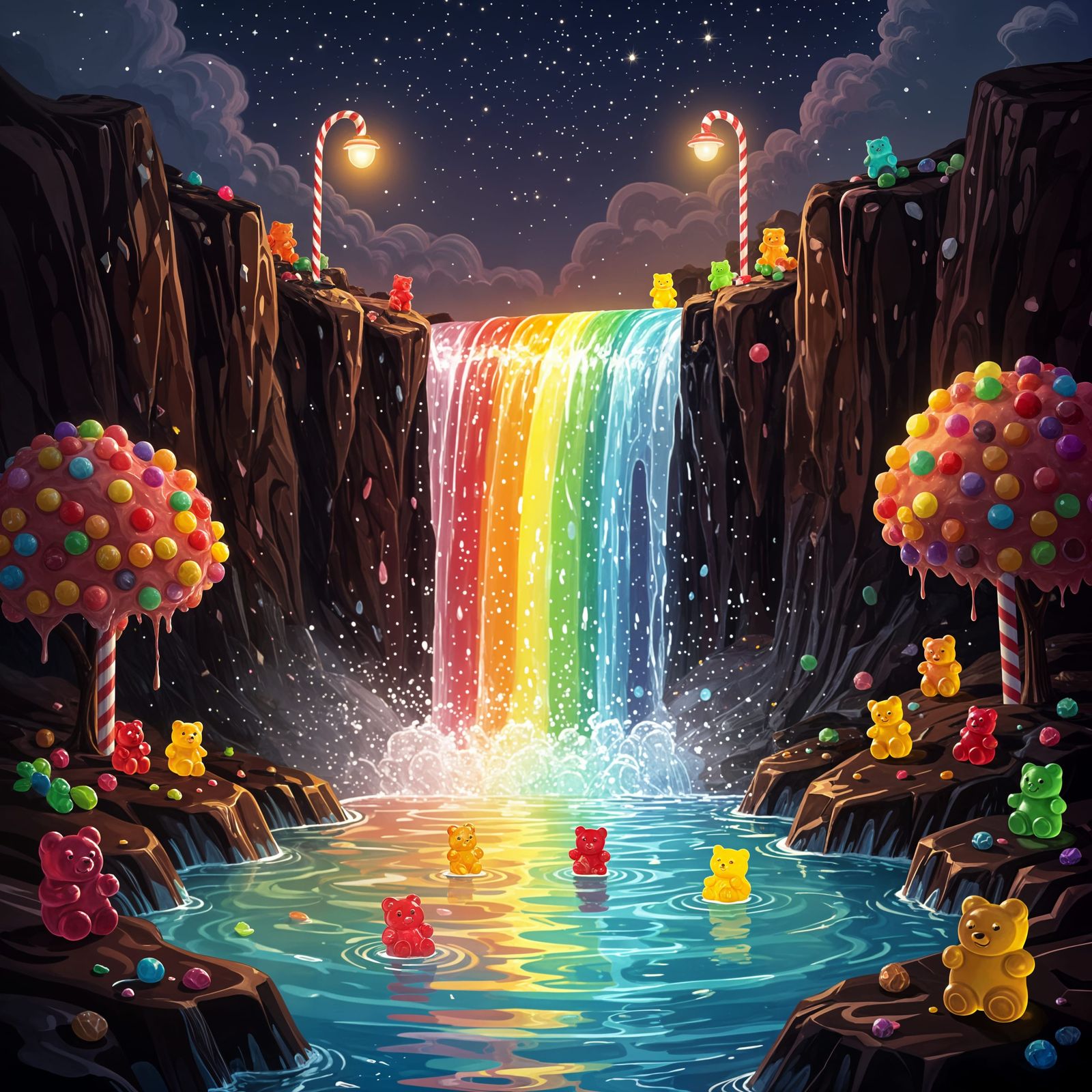 Rainbow Sherbet Waterfall in a Candy Landscape
