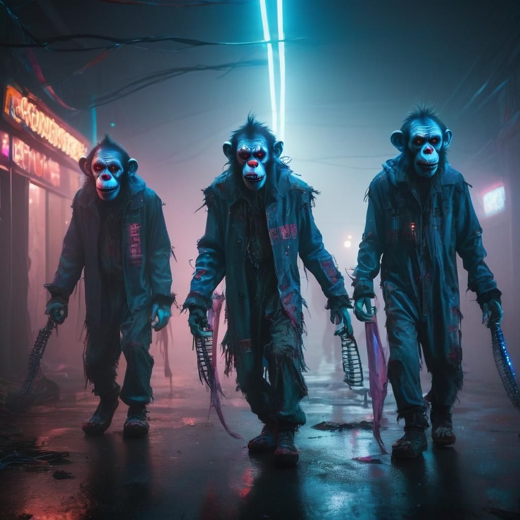 Cyberpunk Zombie Monkey Monsters with Laser Scythes
