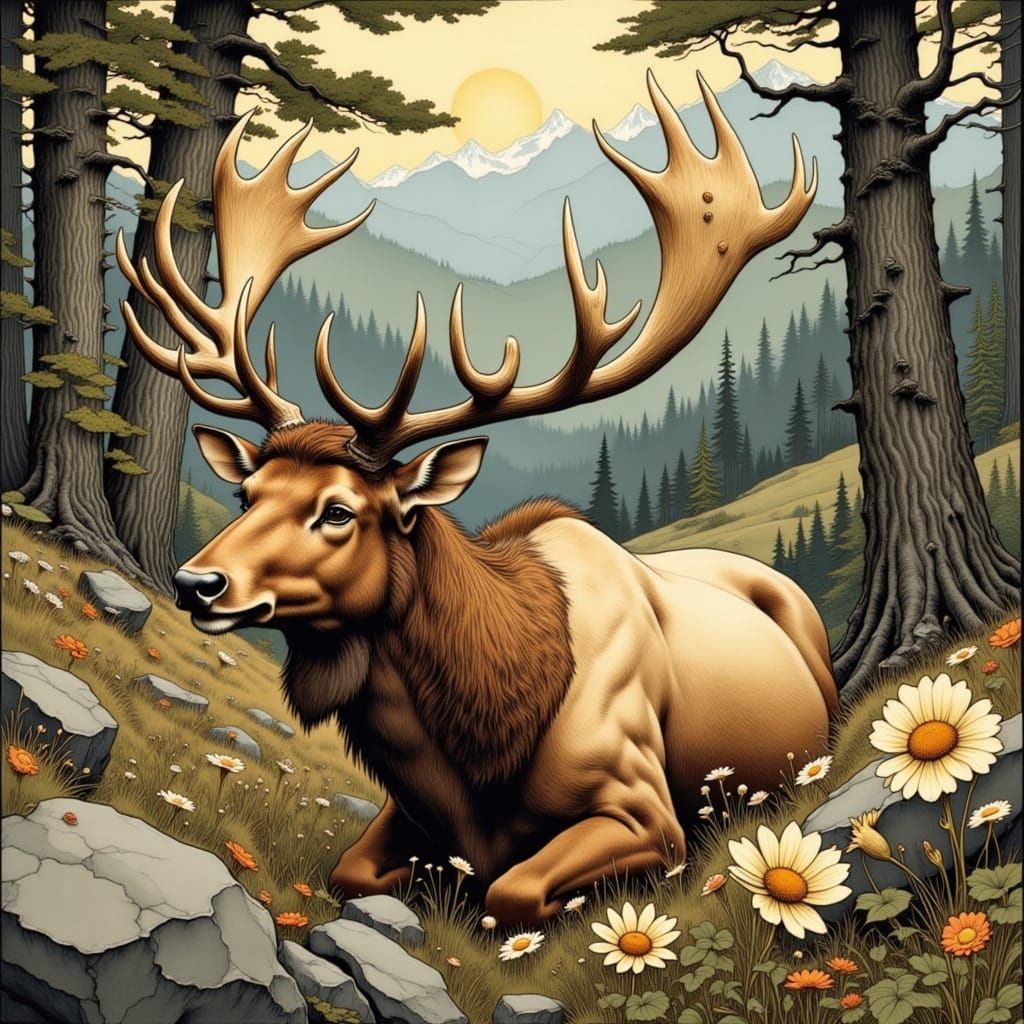 bull elk eats my lunch, large antlers, mean deer