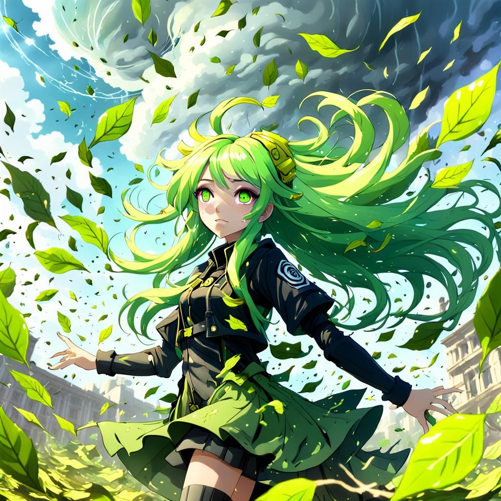 Anime Girl in Leaf Tornado: Detailed Fantasy Art