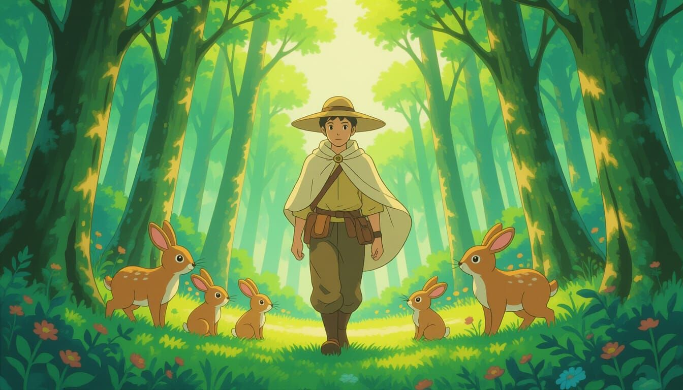 Man in Enchanted Ghibli Forest with Luminous Aura