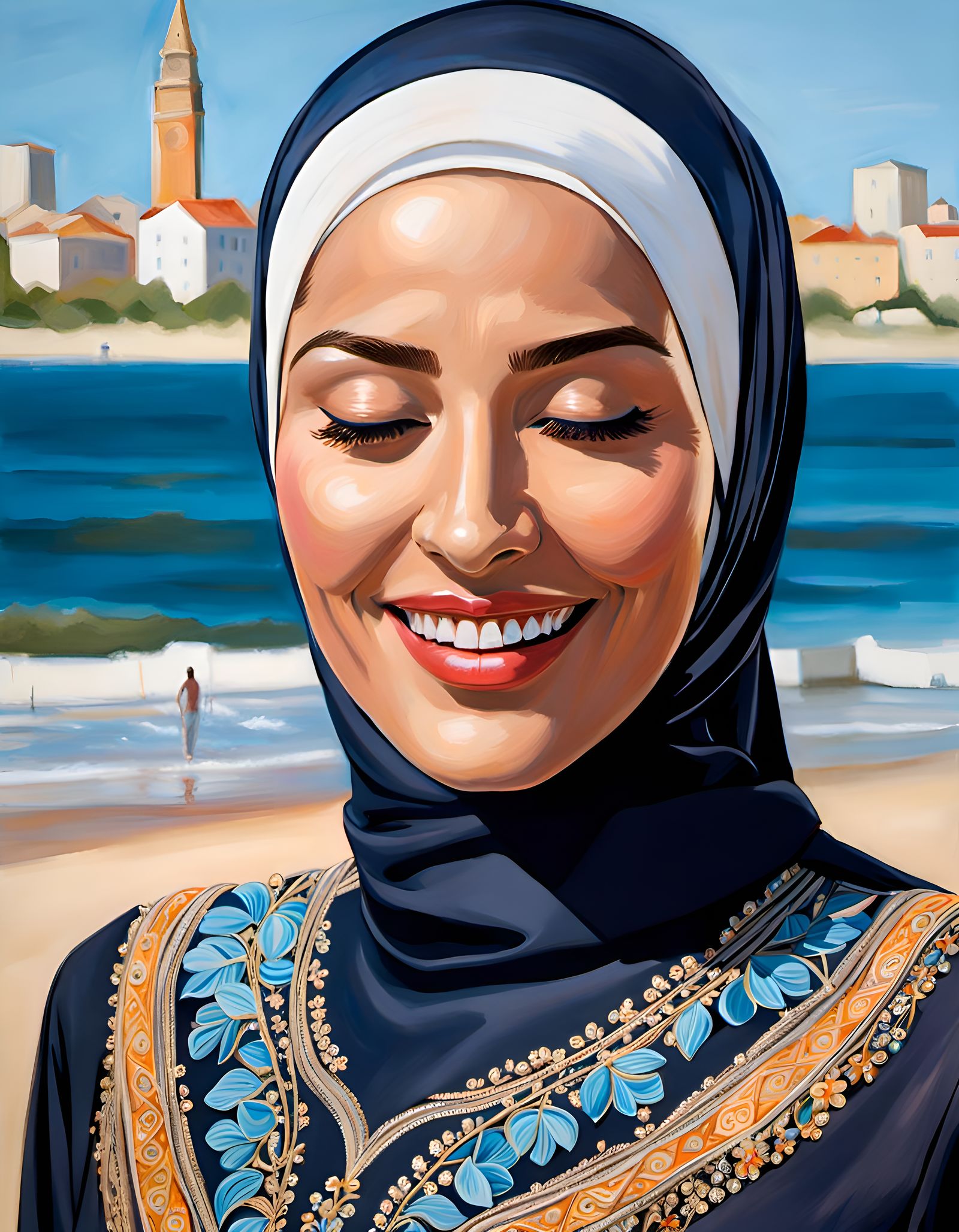 Beautiful Hijabi Woman at Beach, Realistic Oil Painting