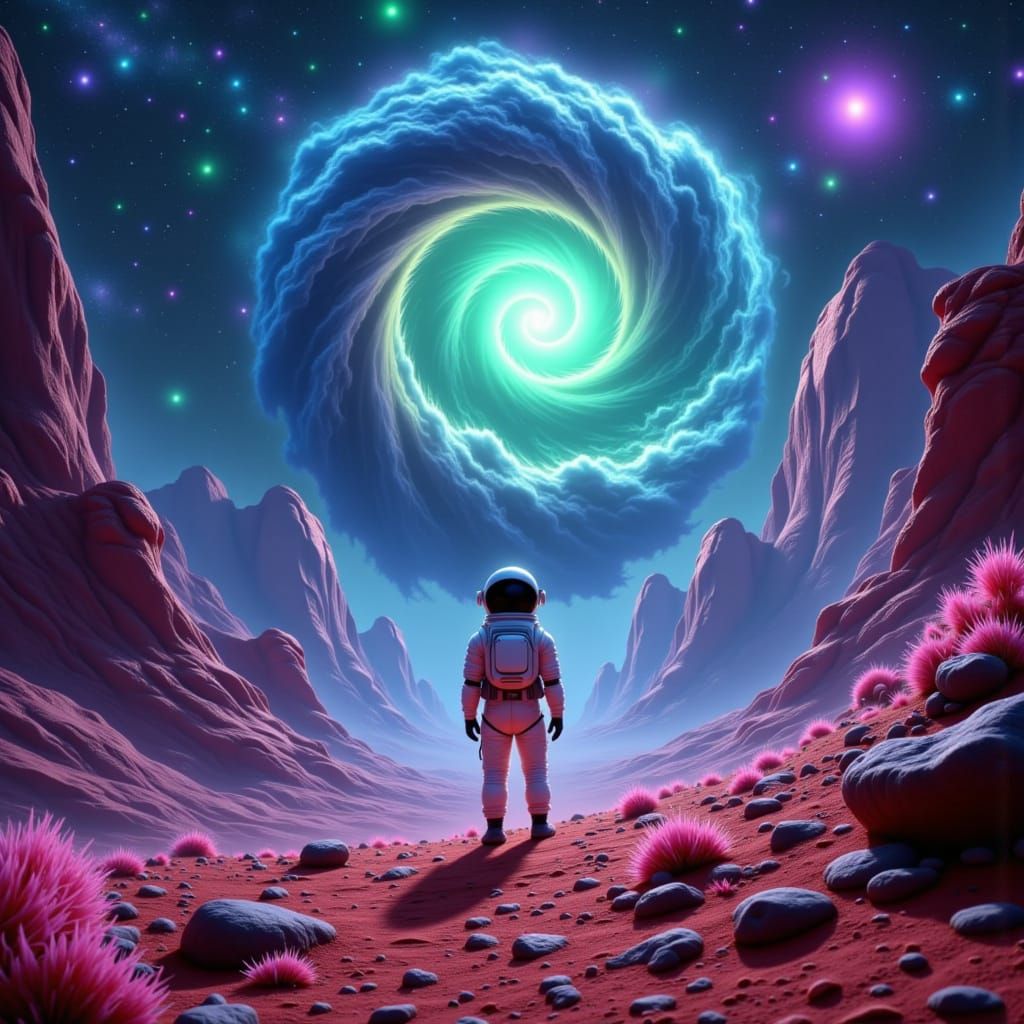 Astronaut Gazes at Alien Nebula in Digital Matte Painting St...